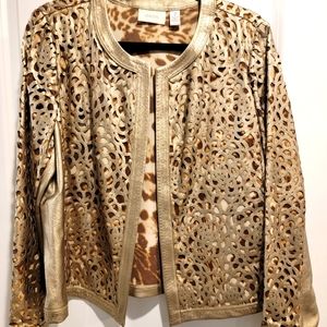 Gorgeous leather jacket.  Gold tones with a leopard print inside.